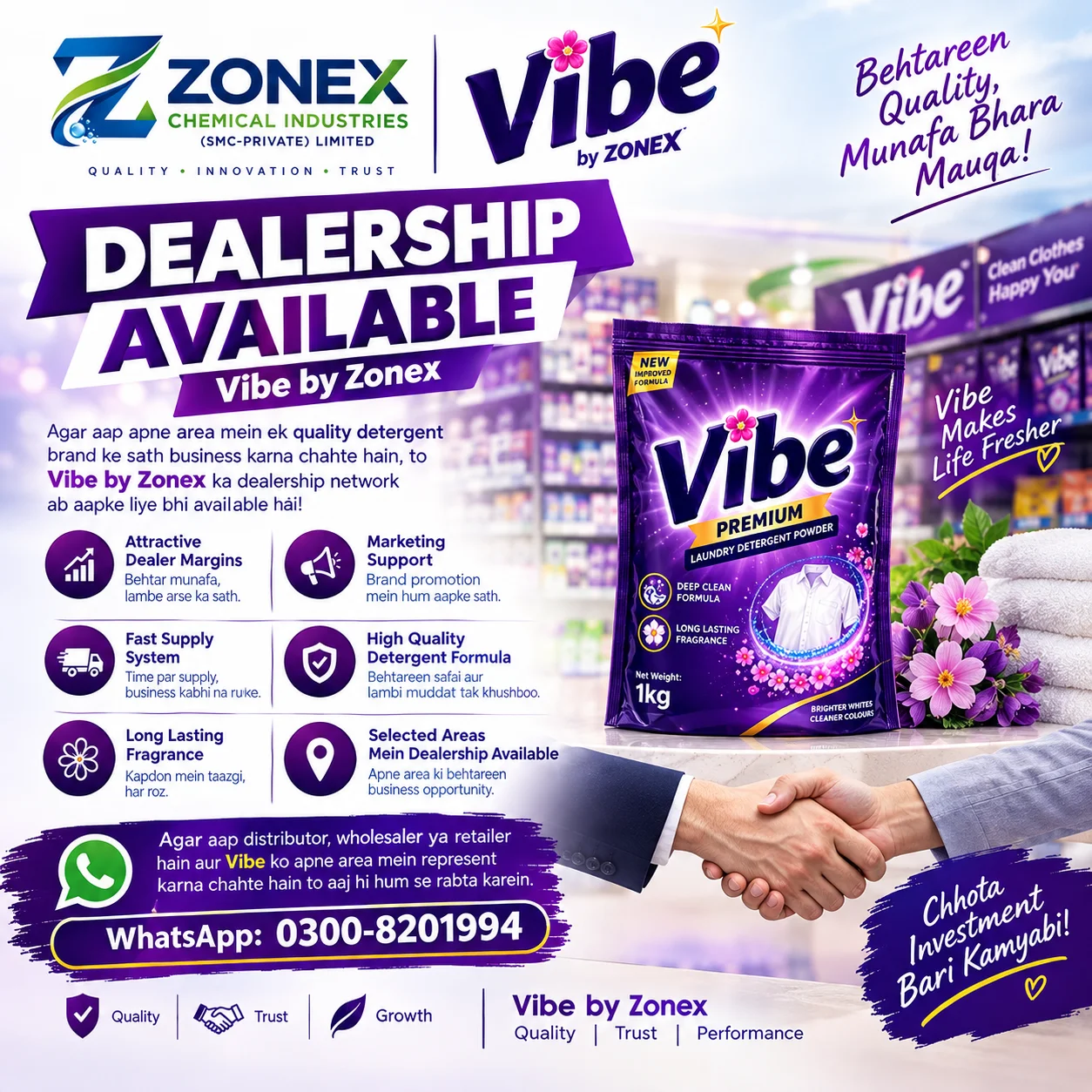 Vibe by Zonex dealership poster. Dealership available. WhatsApp 0300-8201994
