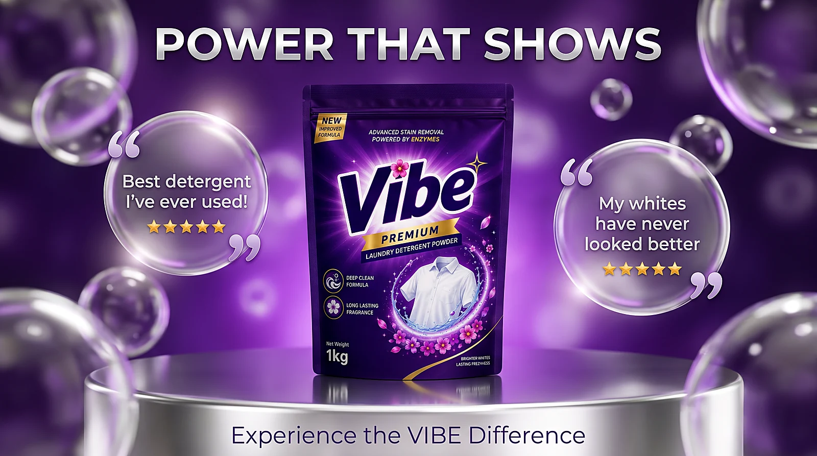 Vibe Premium laundry detergent powder, 1kg pouch